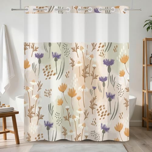 No Hook Wildflower Shower Curtain with Snap in Liner, 71x74 Inch | Neutral Floral Pattern Shower Curtains for Bathroom, Mesh Top Window Waterproof Washable Fabric - color: Wildflowers-a