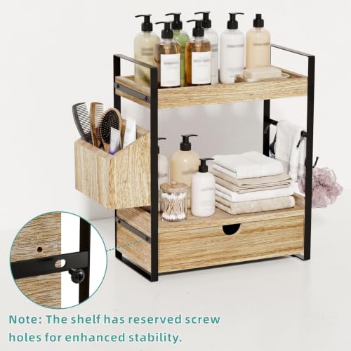 Kottwca 2-Tier Bathroom Counter Organizer with Drawer, Basket & Hooks, Wooden Vanity Shelf for Skincare, Perfume & Makeup Storage(Light Brown) - color: Light Brown