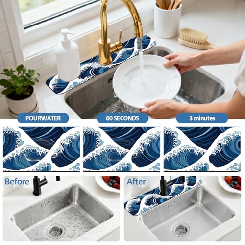 2 Pcs The Ocean Kitchen Sink Splash Guard Faucet Mat The Waves Faucet Mat for Sinks Absorbing Drying Mats for Kitchen Bathroom, 23.6x5.5inch - color: Waves Pattern