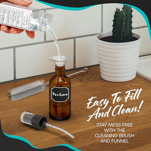 Nevlers 1 Oz Amber Glass Spray Bottles for Cleaning & Refreshment 24 Pack | Small Travel Spray Bottle w/ Shrink Wrap, Funnel, Brush, Marker & Labels | Fine Mist Sprayer | Mini Perfume Refillable Bottle - color: Amber