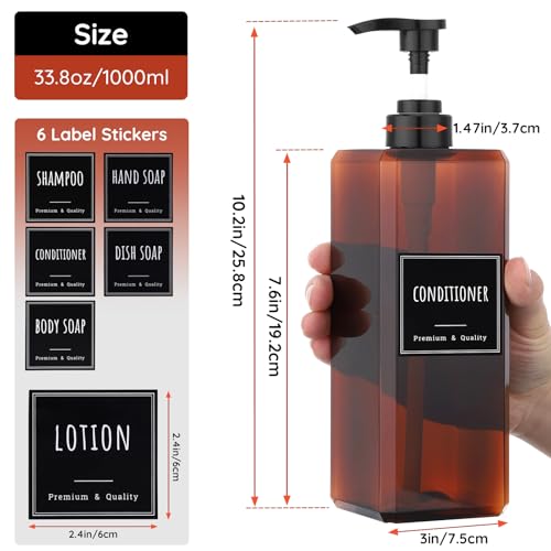 Segbeauty 33.8oz Amber Soap Dispenser Bathroom, 3pcs Plastic Soap Dispenser with Labels, Pump Bottles for Shampoo and Conditioner, 1000ml Large Square Lotion Pump Bottle Refillable Body Wash Container - color: Amber, style: 3pcs
