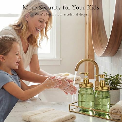 Amolliar Plastic Mason Jar Soap Dispenser with Pump Lid,16OZ Refillable Hand Soap Dispenser Set with Cute Lables - Farmhouse Decor for Kitchen Bathroom, Liquid Soap, Dish Soap, Lotion (2 Pack, Green) - color: Green Jar With Gold Pump