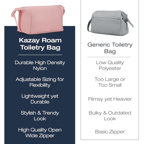 KAZAY Expandable Toiletry Bag with Side Clips for Adjustable Sizing, Premium High-Density Nylon, Open Wide Zipper, Stylish, Water Resistant, Cosmetic Bag, Makeup Bag, Full-Size Bottles, Unisex (Pink) - color: Pink