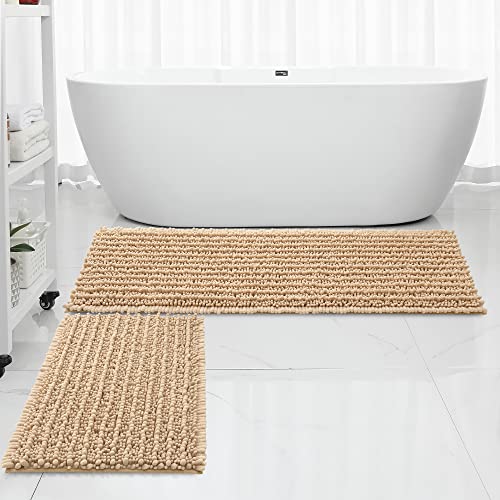 FLOLEOPA Luxury Chenille Beige Bathroom Rugs Bath Mats Sets, Extra Soft and Absorbent Bathroom Rugs Non Skid Machine Wash Dry Bath Mats（47"x17" Plus 17"x24"） - color: Beige, size: 47"x17" Plus 17"x24"