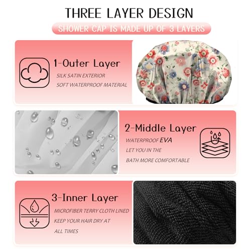 Luxury Shower Cap Terry Cloth Lined EVA Waterproof Reusable Triple Layer Elastic Hair Bath Caps for Women Girls Cute (C12-Pink Blue Floral) - color: C12-Pink Blue Floral