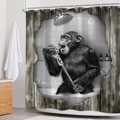 Newsely Funny Monkey Shower Curtain 72Wx72L Inch Black White Animal Chimpanzee Singing in Bathtub Modern Cool Wooden Bathroom Set Men Kids Boy Waterproof Bath Decoration Accessories Home Decor - color: H-monkey, size: 72"W x 72"L (Pack of 1)