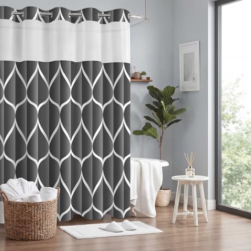 Yiatn Dark Grey Ringless Shower Curtain with Snap in Liner - Hotel Style with See Through Mesh Top Window, Modern Geometric Waterdrop Design,Waterproof and Washable,- 71x74 INCH - color: Dark Grey, size: 71"W x 74"L (Pack of 1)