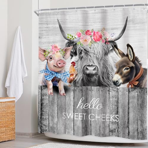 Newsely Highland Cow Farm Animals Shower Curtains for the Bathroom, Cute Cow Chicken and Pig with Flowers on Fence Bathroom Set, Western Farmhouse Rustic Funny Waterproof Bath Accessories 60Wx72H Inch - color: A-02cow, size: 60"W x 72"L (Pack of 1)