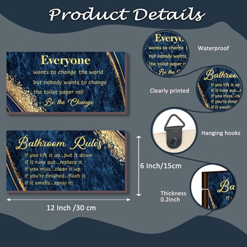 DONFENTHY 2 Pieces Blue Gold Bathroom Decor Rustic Farmhouse Wooden Signs Bathroom Rules Wall Art 12x6 Inch - color: Blue