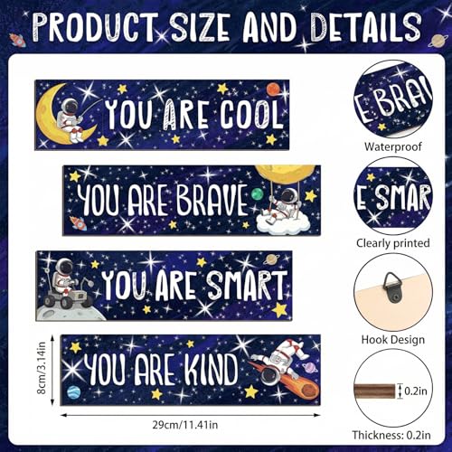 4Pcs Outer Space Wooden Wall Art Room Decor for Boys Astronaut Wall Art Set for Bedroom Bathroom Motivational Wooden Signs Navy Blue Galaxy Nursery home Decor for Toddler & Playroom - style: Outer Space