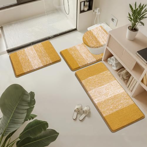 Bsmathom Bathroom Rug Set Bath Rugs Microfiber Non Slip Bathroom Set 4 Piece with Toilet Cover, Washable Absorbent Bath Mat, Mustard - color: Mustard, size: 18"x26"+18"x48"+U20"x24"+Cover19"x21"