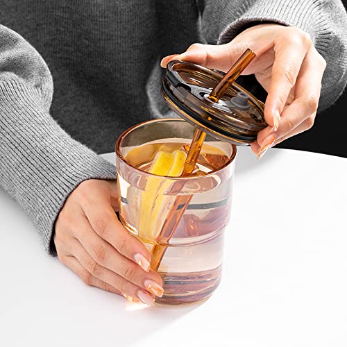 BLUEPOLAR 13oz/400ml Glass Tumbler Water Cup with Straw and Lid, Sealed Carry on for Coffee, Iced Tea, Thick Wall Insulated Amber 2-Pack - color: Amber-2Pack