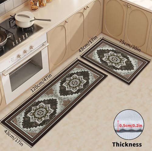 Boho Kitchen Rugs Set 2 Piece 17"x47"+17"x30", Brown Vintage Symmetrical Runner Rug Non Slip Absorbent Mats Farmhouse Washable Kitchen Floor Mat Set for Hallway Laundry Sink Decor - color: Boho Brown
