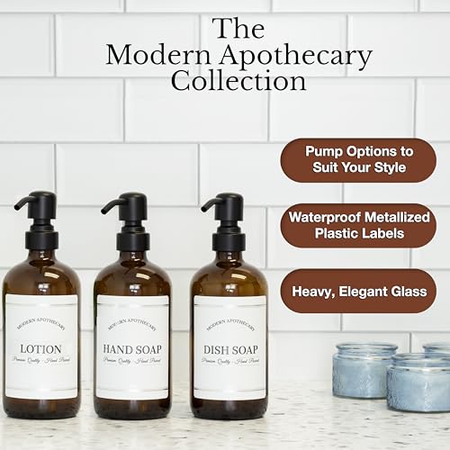 Amber Refillable Hand, Dish, Lotion Dispenser Set with Pumps for Kitchen Sink - Glass Boston Round Bottles - Waterproof Labels - 16 oz - 3 Pack - color: Black Satin Steel