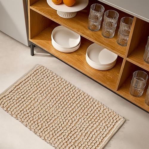 Cotton Chenille Bathroom Rug 17x24 Inch Beige, Soft Plush Popcorn Bath Mat, Ultra Absorbent Quick Dry, Machine Washable, Anti Skid Cotton Polyester Rug for Shower, Tub, Entryway - color: Beige, size: 1'5" x 2' (Rectangular)
