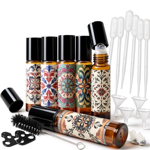 Roller Bottles for Essential Oils Roll On Bottles 6 Pack, 10ml Amber Rollerball Bottle Thick Glass Empty with Oil Perfume Lip Gloss DIY Kits Boho Stickers Leak-Proof Refillable for Travel, Gift - color: Amber, size: 6 Pack
