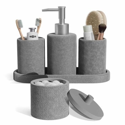 Clara Clark Bathroom Set - Grey Bathroom Accessories Set, 5PC Bathroom Accessory Set, Bathroom Sets with Soap Dispenser, Toothbrush Holder, Tumbler, Cotton Swab Jar & Vanity Tray - color: Grey, size: Basic Set