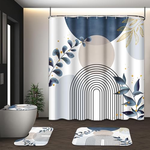 Boho Blue Mid Century Shower Curtain Set with Toilet Lid Cover and Non-Slip Rugs, Abstract Bohemian Gold Leaves Plant 4 Pcs Modern Minimalist Shower Curtain for Bathroom Set with 12 Hooks - color: Leaf Blue