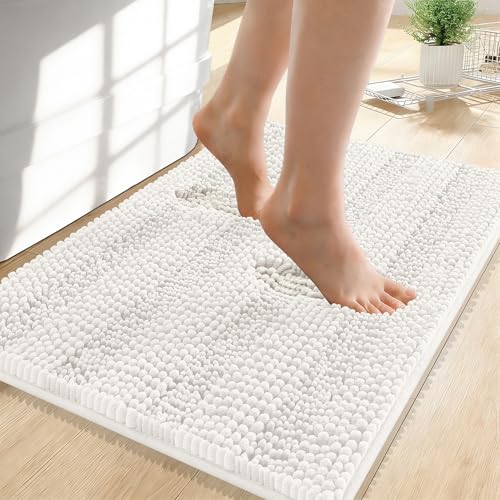 OLANLY Thick Small Bathroom Rugs 24x16, Extra Soft Absorbent Chenille Striped Bath Rugs, Rubber Backing, Machine Wash, Bath Mats for Bathroom Floor, Tub and Shower, Home Decor Accessories, Ivory - color: Ivory, size: 24" X 16"