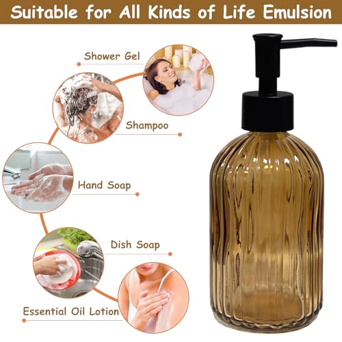 Black Pump Glass Soap Dispenser, 13.5oz Brown Stripe Countertop Refillable Liquid Bottle Hand Dish Lotion Dispenser with Plastic Pump, for Kitchen, Bathroom Countertop - color: Brown