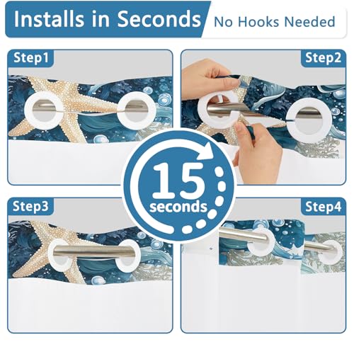No Hook Spa-Like Ocean Shower Curtain, Blue Shower Curtains for Bathroom with Snap in Weighted Shower Curtain Liner and See Through Window, Starfish Nautical Bathroom Decor, 71x74 Inches - color: Deep Blue Seascape
