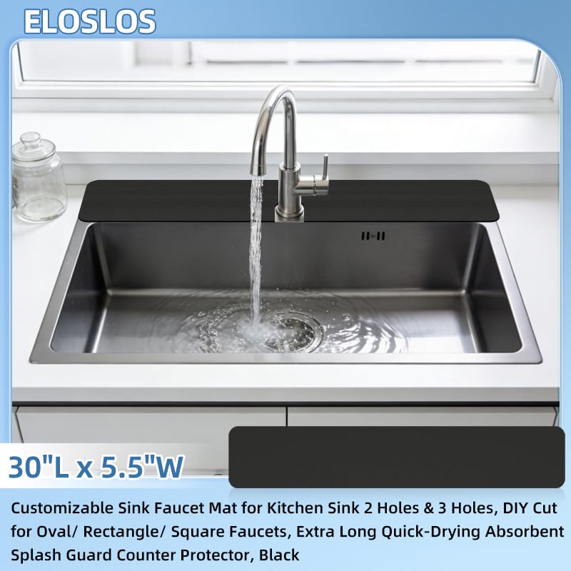 30"L x 5.5"W Customizable Sink Faucet Mat for Kitchen Sink 2 Holes & 3 Holes, DIY Cut for Oval/Rectangle/Square Faucets, Extra Long Quick-Drying Absorbent Splash Guard Counter Protector, Black - style: 1 Pcs Black