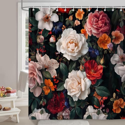 Vintage Black Floral Shower Curtain, Boho Dark Flowers Botanical Bathroom Decor Shower Curtain Sets, Waterproof Fabric Bathroom Curtain with Hooks, 72 x 72 inch - color: Floral Black, size: 72"W x 72"L (Pack of 1)
