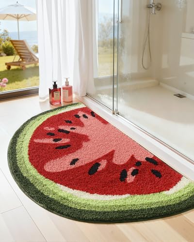 DEXI Cute Bathroom Rugs Half Round, Funny Fruits Absorbent Bath Mat Non Slip Washable, Extra Soft Plush Microfiber Bathmat for Shower Floor, Tub, Sink, Bedroom, 32x20, Watermelon - color: Watermelon