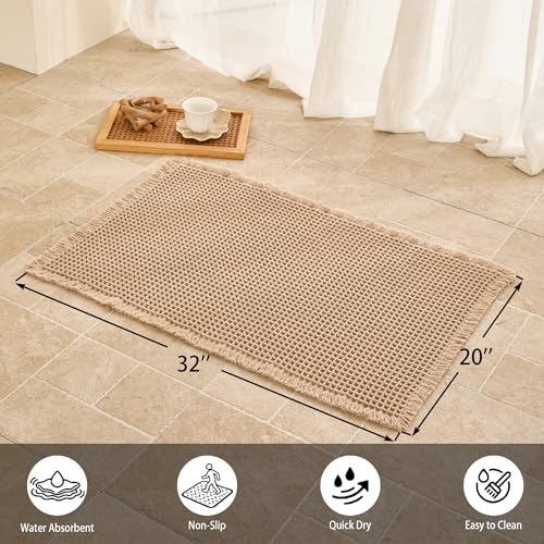 Waffle Bath Mat Non Slip, Boho Bathroom Rug, Super Absorbent Quick Dry Bathroom Mat, Soft Farmhouse Bath Rug with Tassels, Small Washable Shower Mats for Floor 20"x32", Brown - color: Brown, size: 1'8" x 2'8" (Rectangular)