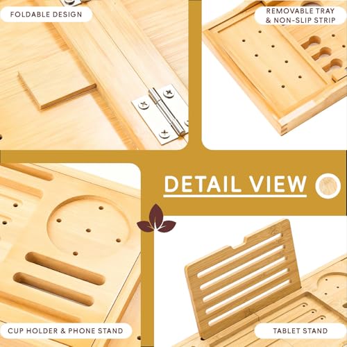 Premium Foldable Bamboo Bathtub Tray Caddy, Expandable Bath Caddy Tray with Holder, Natural Bath Shelf Over Tub, Spa Bathroom Accessories & Gifts for Home - color: Natural