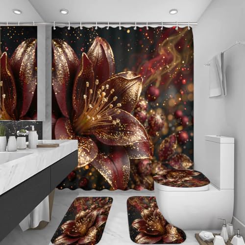 LQCOOL 4Pcs Black Red Lily Flower Shower Curtain Set, Waterproof Bathroom Sets, Abstract Burgundy Gold Bathroom Sets with Shower Curtain and Rugs, Shower Curtain with 12 Hooks - color: Black Red