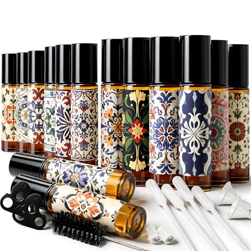Roll On Bottles 14 Pack Glass Roller Bottles for Essential Oils 10ml Amber | Empty Rollerball Bottle Thick Glass with Oil Perfume Lip Gloss DIY Kits Boho Stickers, Leak-Proof Refillable for Travel Gift - color: Amber, size: 14 Pack