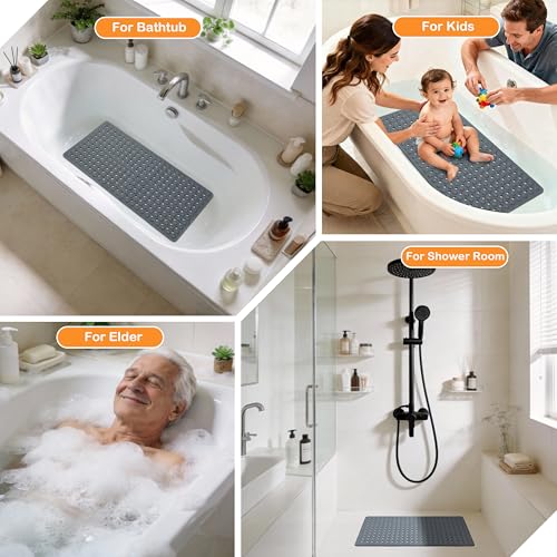 Yimobra Bathtub Mat Non Slip, 27.5"X15.5" Machine Washable Shower Floor Mat, Soft on Feet, Bathmat with Drain Holes and Suction Cups, Bathroom Essentials, Dark Grey - color: Dark Grey, size: 27.5 X 15.5 Inch