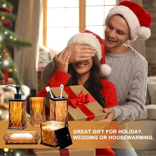 Amber Bathroom Accessories, Thick Etched Glass & Zinc Alloy Pump | Square Design, Beautiful & Weight, 5 Pcs Soap Dispenser, Toothbrush Holder, Soap Dish, Tumbler & Jar, for Mission/Amish Style - style: Square(Amber)