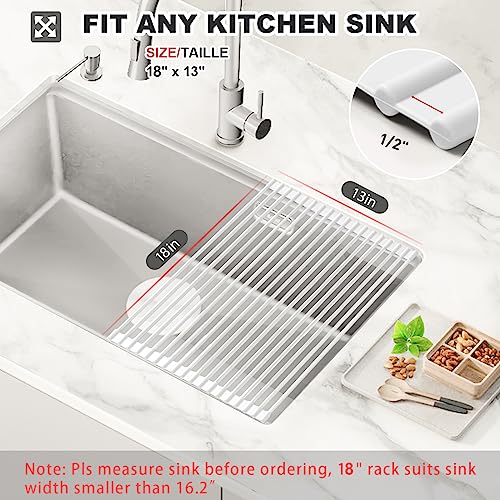 MERRYBOX Roll Up Dish Drying Rack, Silicone Wrapped Over The Sink Dish Rack Foldable Dish Drainer Anti-Slip Dish Racks for Kitchen Counter, Multipurpose Kitchen Sink Drying Rack, 18" x 13", White - color: Rectangle-white, size: Rectangle: 18" x 13"