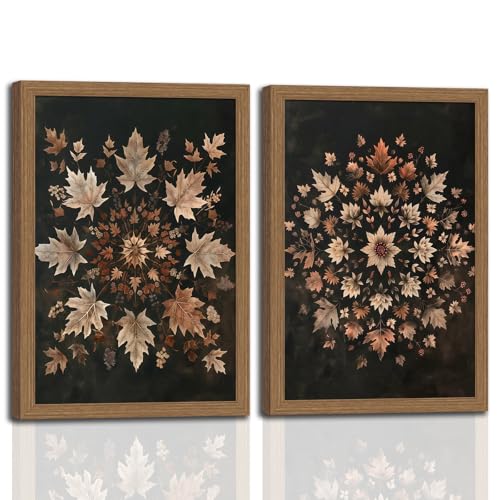 2Pcs Framed Vintage Datura leaves Wall Art Retro Moody Floral Botanical Canvas Painting Dark Classical Flower Framed Canvas Farmhouse Decor, for Bathroom, Bedroom, Living Room, Gallery 12x16in - color: Datura Leaves, size: 12x16 Inches