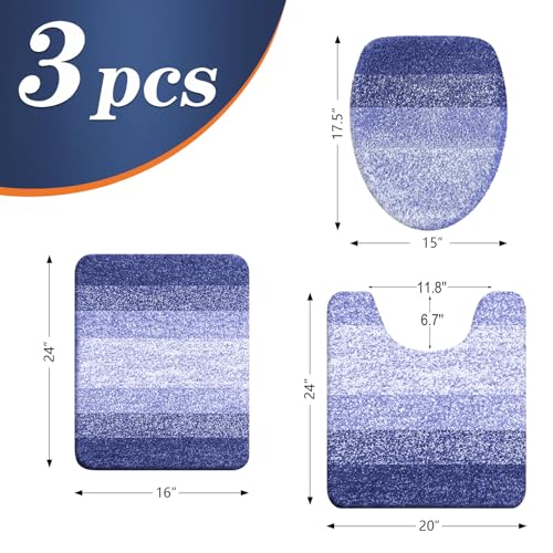OLANLY Bathroom Rugs Sets 3 piece, Soft Microfiber Absorbent Bath Mat, U-Shaped Contour Toilet Mat and Toilet Lid Cover, Quick Dry, Machine Washable, Toilet Cover and Rug Set for Bathroom, Blue-Violet - color: Blue-violet, size: 30" X 20" + U24" X 20" + 1