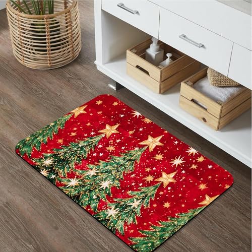 Identiy Christmas Bath Mat, Red Christmas Tree and Stars Bathroom Rug, Soft Super Absorbent Machine Washable Quick Dry and Non-Slip Bathtub Mat for Tub Shower Bathroom Floor 17"x29.5" - color: Red Christmas Tree and Stars