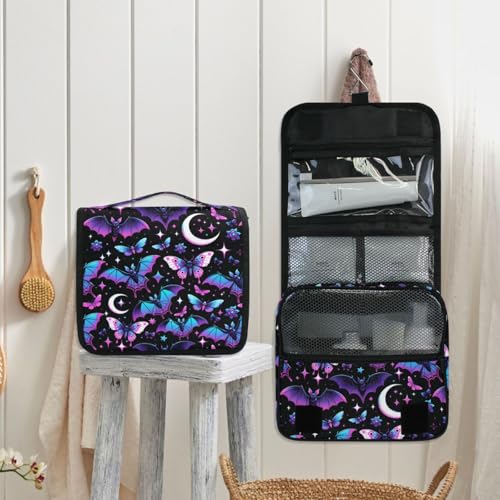 MNSRUU Hanging Toiletry Bag Neon Purple and Bats Stars and Moons Travel Makeup bag for Toiletries Portable Travel Toiletry Organizer Cosmetic Bags with Hanging Hook - color: Bats A8889