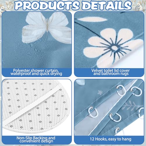 FuWeave 8 Pcs Easter Shower Curtain Set for Bathroom Decor Include Spring Floral Blue Bunny Egg Shower Curtain Hydrangea Towels Non Slip Rugs Toilet Lid Cover Bath Mat and 12 Hooks for Bathroom Decor - color: Blue Bunny
