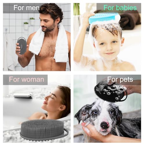 3 Pack Silicone Body Scrubber, Soft Silicone Loofah Silicone Body Brush Exfoliating Body Scrubber, Bath Shower Scrubber for Body, 2 in 1 Bath and Shampoo Wash Brush for Skin Exfoliation Men Women - size: With Handle Black+Blue+Gray