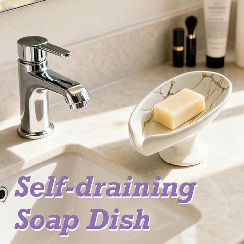 Self-Draining Soap Dish for Shower, Bathroom & Kitchen - White Ceramic Soap Holder with Gold Marble Pattern, Keeps Soap Dry, Easy to Clean