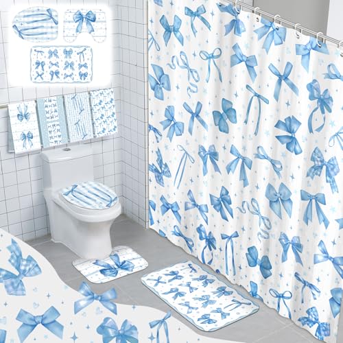 FuWeave 8 Pcs Blue Shower Curtain Set Coquette Blue Bathroom Decor Aesthetic Bow Knot Waterproof Shower Curtain Towels Non Slip Rug Toilet Lid Cover Bath Mat with 12 Hooks for Women Home Bath - color: Blue Bow
