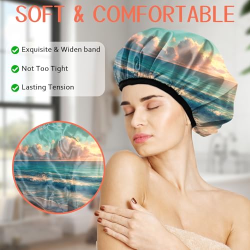 Luxury Shower Cap Terry Lined Reusable Triple Layer Waterproof Hair Elastic Caps Shower Bath Hat for Women Girls Cute Aesthetic-Beach - color: AL3-Beach