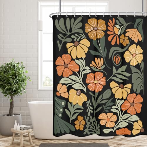 Black Floral Shower Curtain, Dark Botanical Orange Flower Green Leaf Pattern, Vintage Boho Moody Aesthetic, Polyester Fabric Bathroom Decor, 60x72 inch, 12 Hooks - color: Black Orange, size: 60"W x 72"L (Pack of 1)