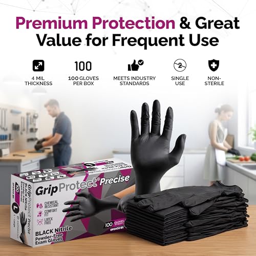 GripProtect Precise Black Nitrile Gloves 4 Mil – Chemical Resistant Nitrile Gloves with Textured Grip for Mechanics, Tattoos, Food Prep & Cleaning - Medical Grade Disposable Gloves, Large, 100 - size: Large (100 Count)