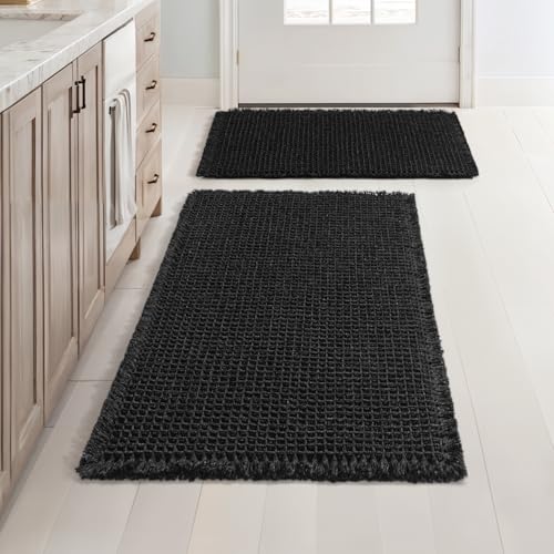 MIULEE Set of 2 Waffle Bathroom Rugs, Boho Bath Rugs Non Slip Washable, Super Absorbent Bath Mats, Ultra Soft Rubber Backed Shower Mats for Bathroom Floor, Tub, Black, 17"x24"+18"x30" - color: Black, size: 17''x24'' + 18''x30''