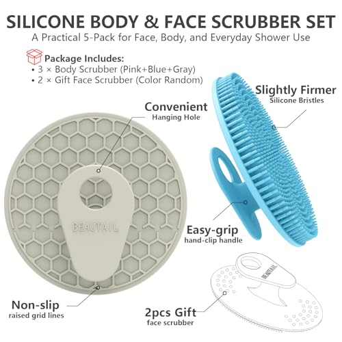 Silicone Body and Face Scrubber Set 5 Pack, BEAUTAIL Shower Bath Scrubber, Gentle Exfoliating Brush for Women Men Sensitive Skin, More Hygienic Than Traditional Loofah, Long Lasting, Pink+Blue+Gray - color: Gray+pink+blue