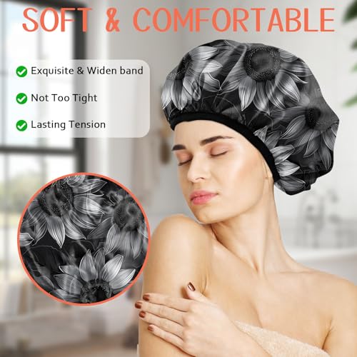 Luxury Shower Cap Terry Lined Reusable Triple Layer Waterproof Hair Elastic Caps Shower Bath Hat for Women Girls Cute Aesthetic-Black Sunflower - color: AL10-Black Sunflower