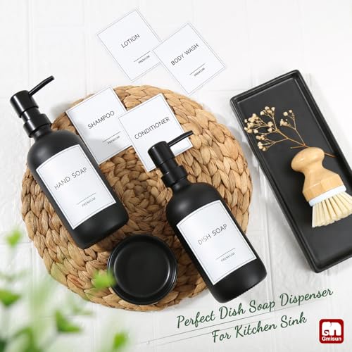 GMISUN Kitchen Soap Dispenser Set, 17 fl oz Dish Soap Dispenser with Ceramic Tray & Bamboo Brush for Kitchen, 2Pcs Matte Black Glass Hand and Dish Soap Dispenser Set, Refillable Soap Bottle Set - color: Black Bottles + Black Pumps